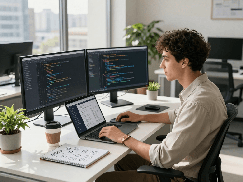 Developer working on juicy chat ai application, showcasing code and design elements in a modern workspace
