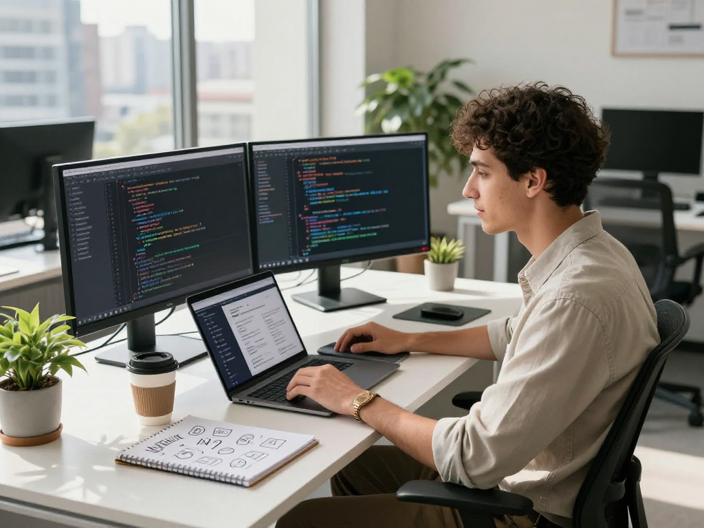 Developer working on juicy chat ai application, showcasing code and design elements in a modern workspace