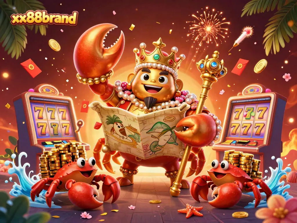 Lively xx88brand crab emperor scene showcasing slot machines and vibrant casino elements.
