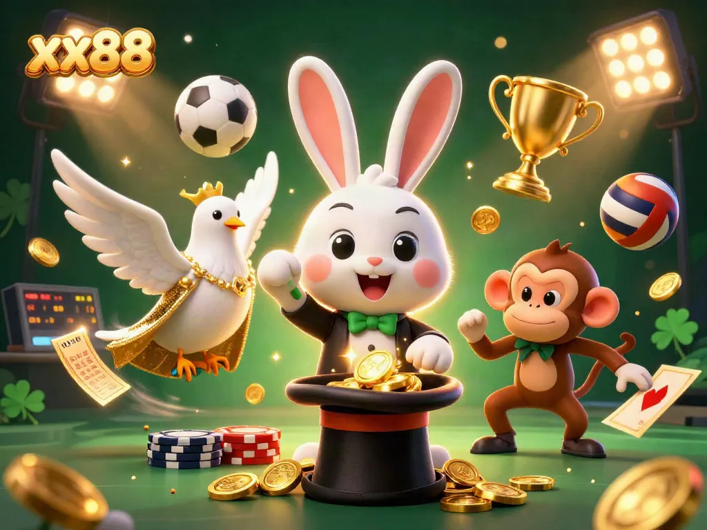 Win big at xx88 with magic as a rabbit pulls golden coins in a lively casino scene.