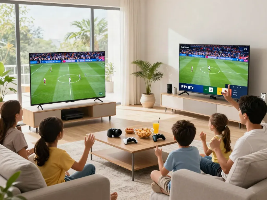 Family enjoying abbonamento iptv while watching sports in a modern living room.