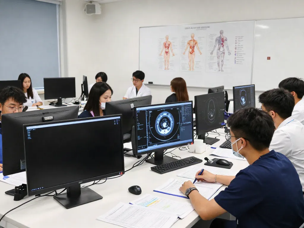 Students learning about rokok88 technology in a modern medical classroom.