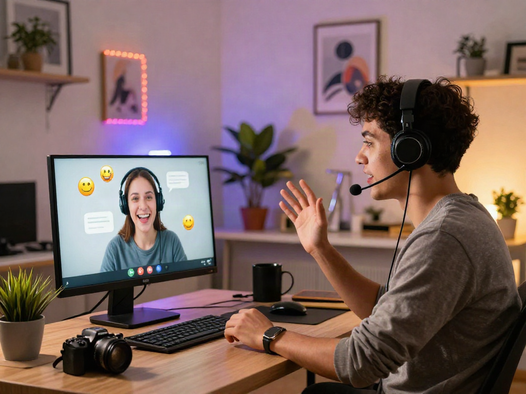 Live video chat between users expressing emotions, featuring porn chat ai technology in a cozy home office.