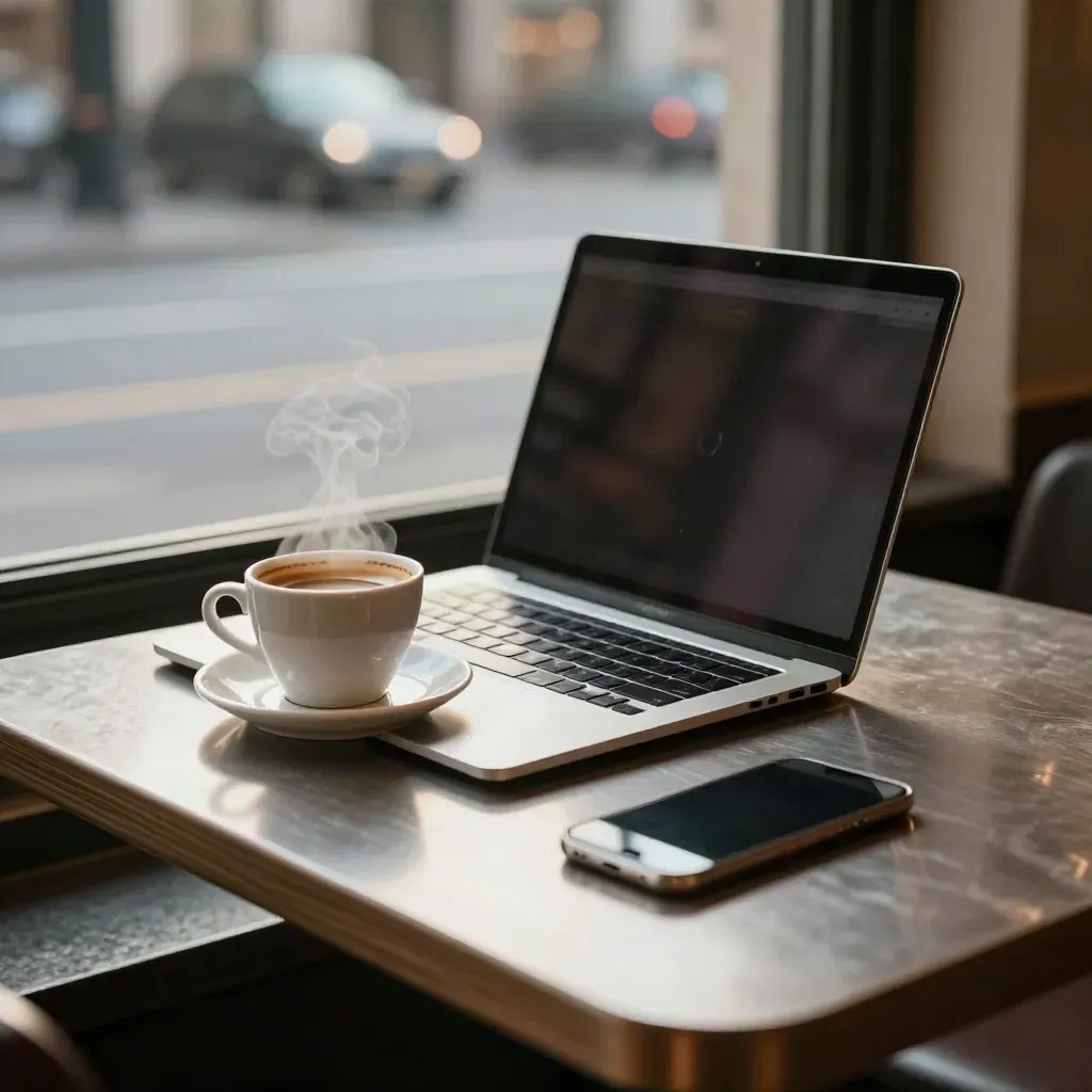 Tavolino di caffè con laptop, espresso e telefono, strada bagnata sfocata dietro la vetrina.