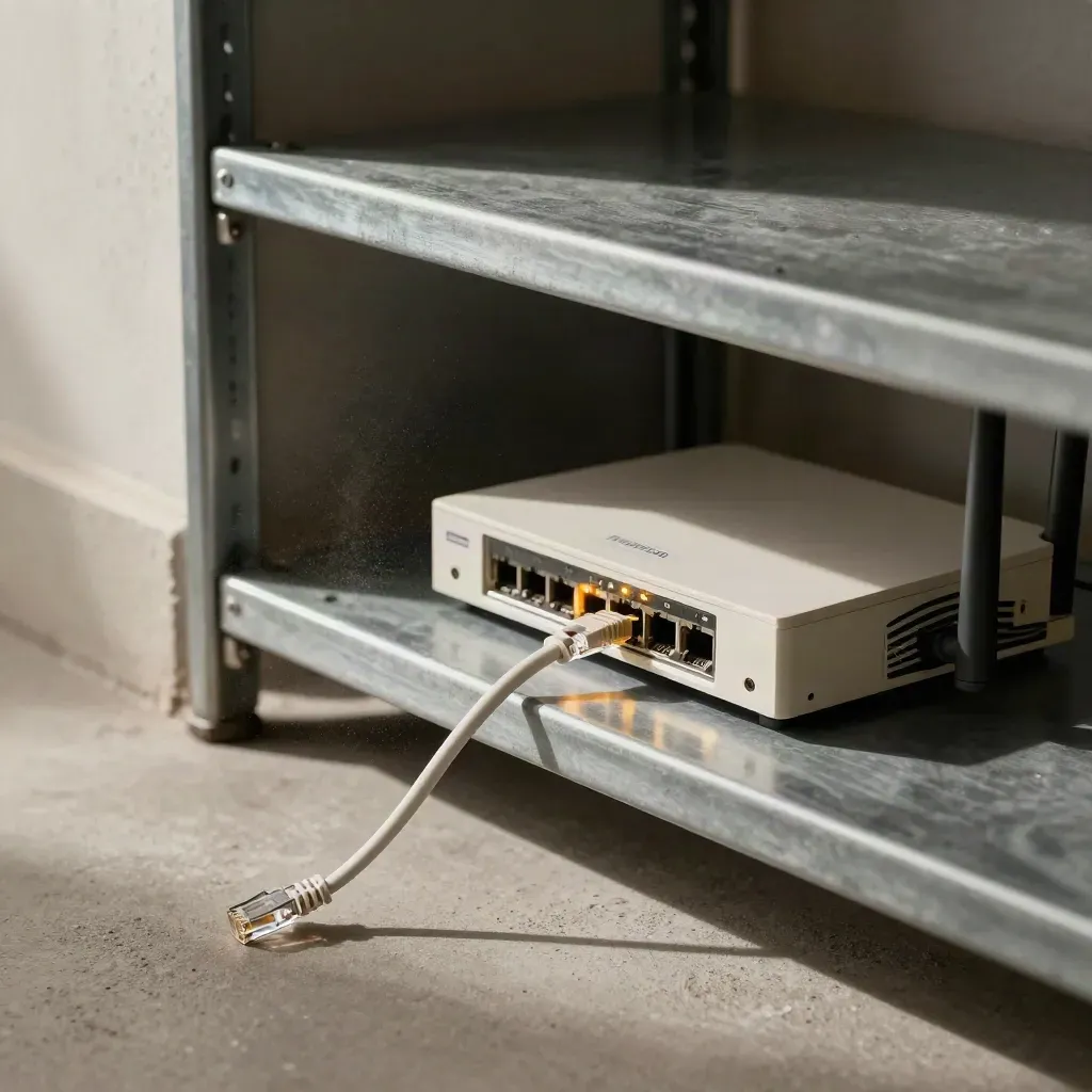 Router in riavvio su mensola di corridoio, luci LED che tornano in sequenza