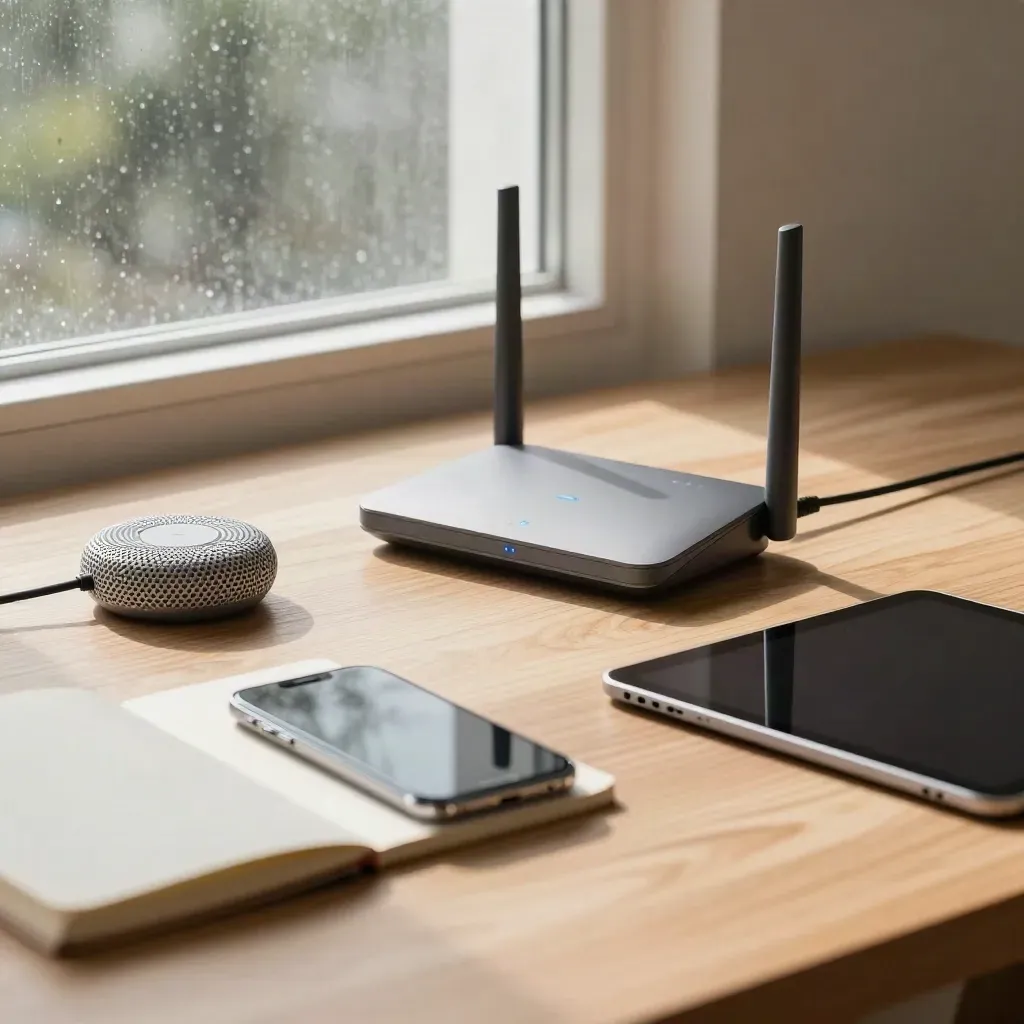 Router, smartphone e tablet su tavolo in rovere chiaro vicino a una finestra dopo la pioggia.