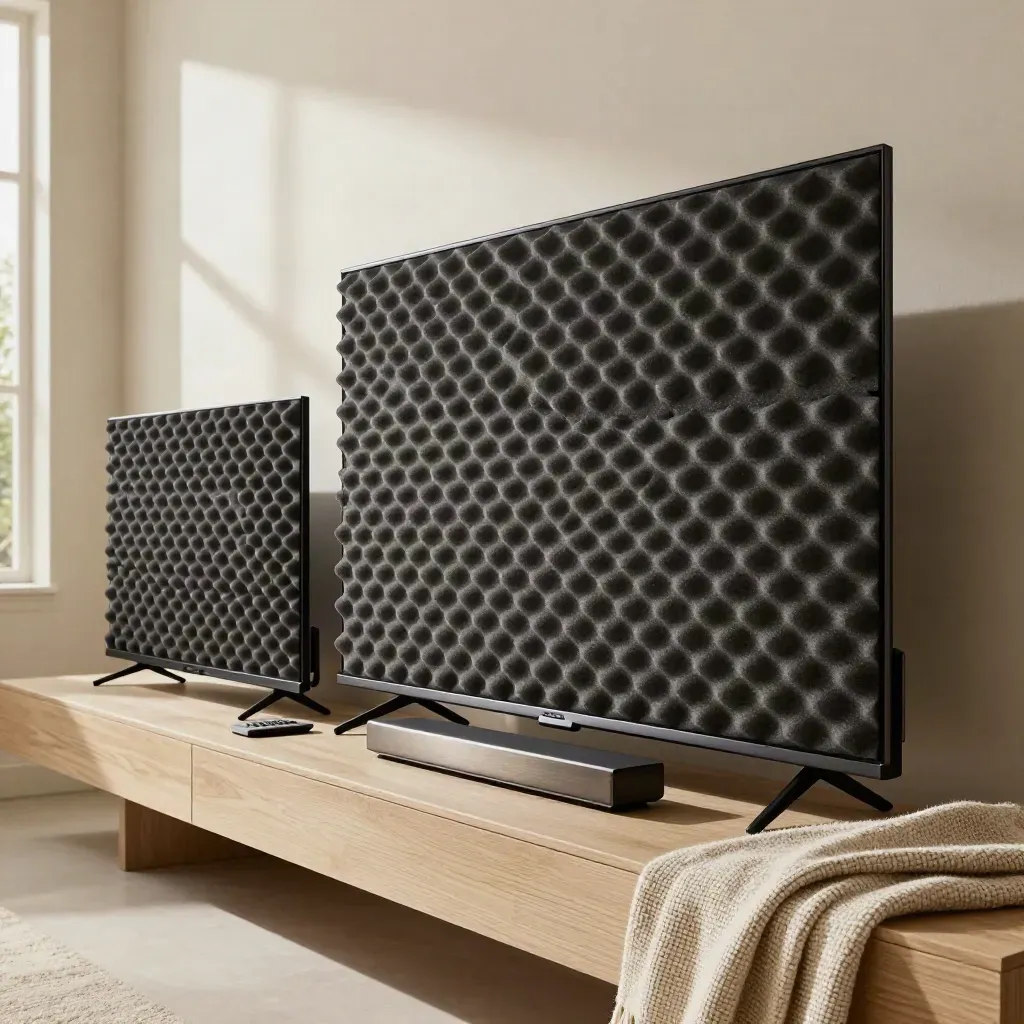 Due TV sottili in foam, soundbar e plaid intrecciato in un salotto luminoso da showroom.