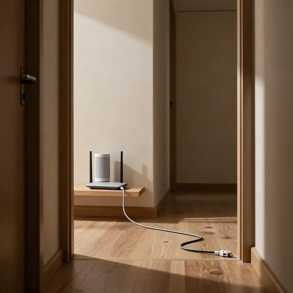 Router e extender nel corridoio, cavo ethernet verso la stanza illuminata.