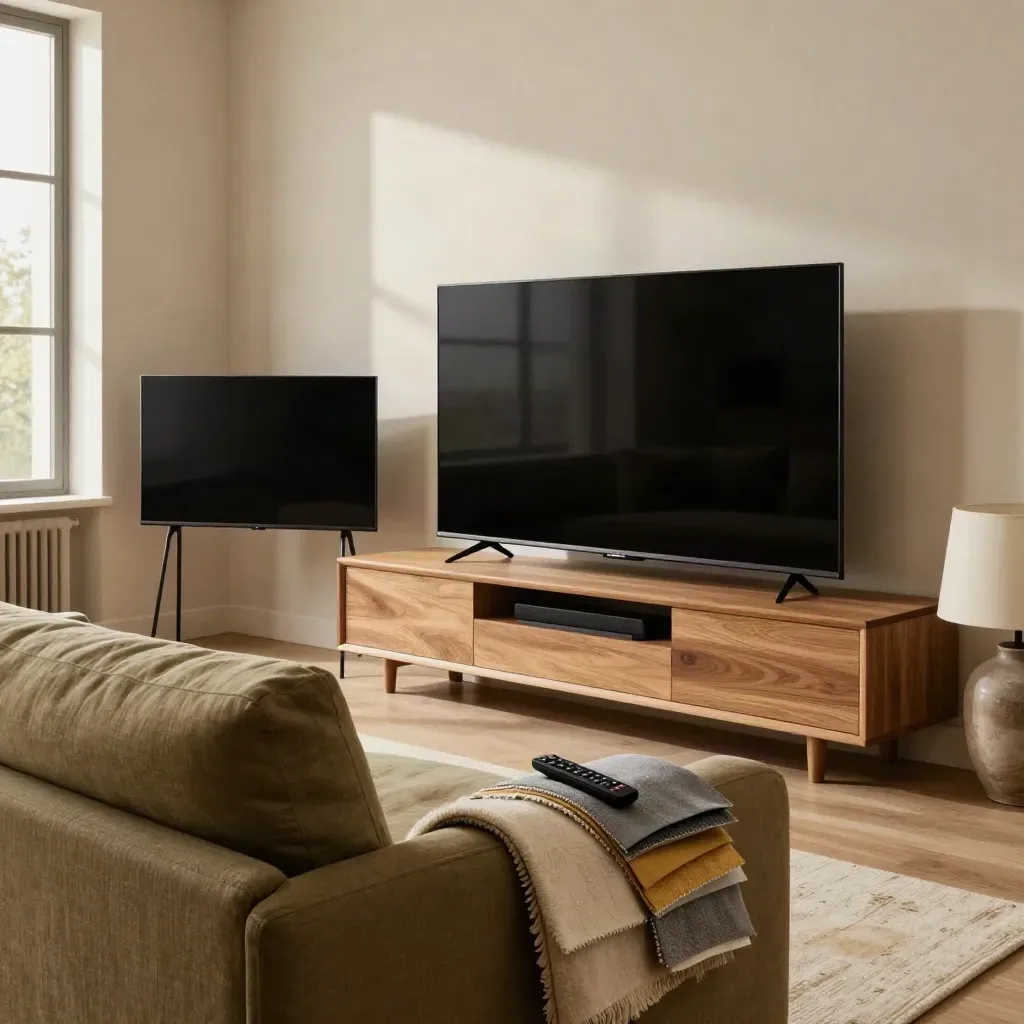 Soggiorno luminoso con due TV spente, soundbar, telecomando e campioni tessuto sul divano.