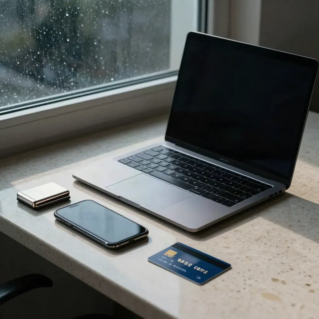 Desktop per home banking con laptop, telefono, lettore carta e carta girata, luce di finestra tesa.