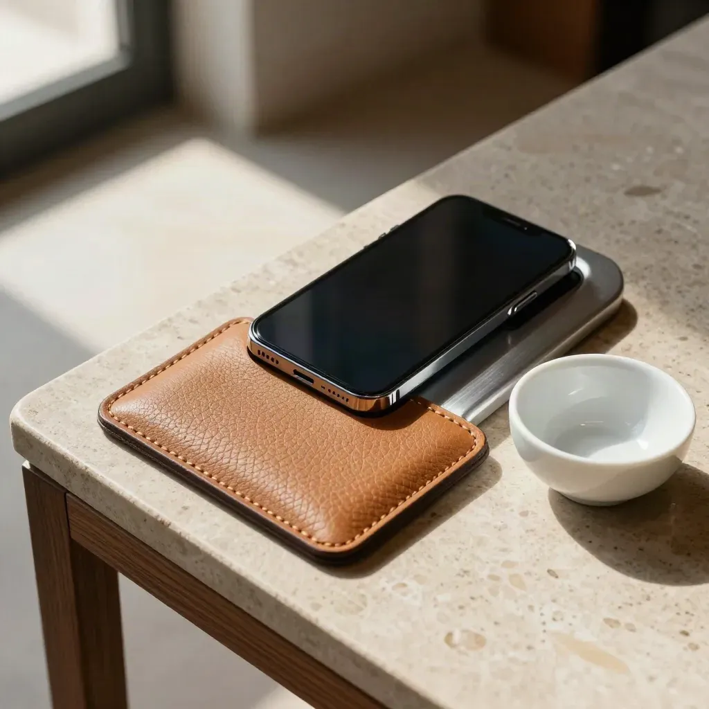 Kit per SPID su tavolino d’ingresso con telefono, lettore e porta tessera illuminati dal sole.