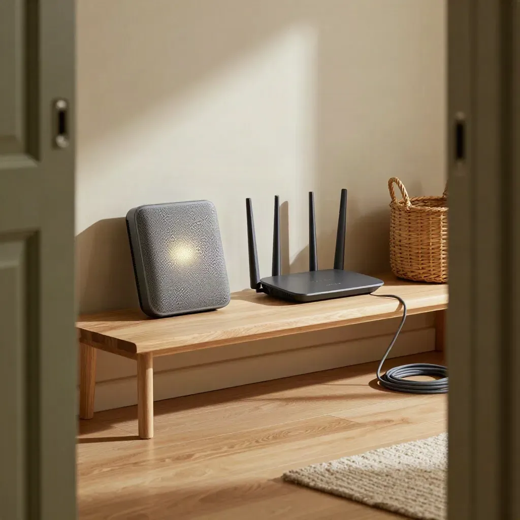 Router e mesh node su una mensola in salotto, ripresi dal pavimento con luce del tardo pomeriggio.