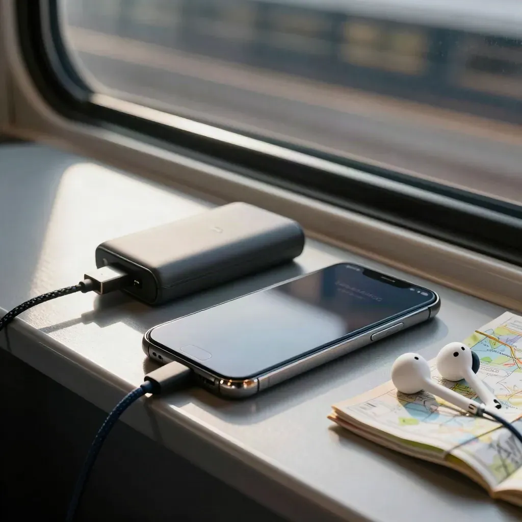 Smartphone, power bank e auricolari su tavolino di treno con mappa piegata e luce drammatica.