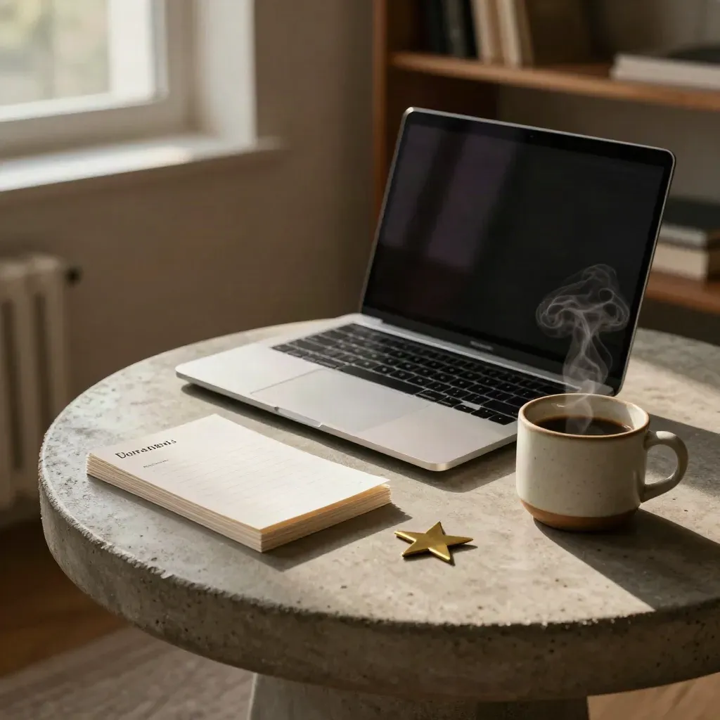 Laptop, tazze di caffè e tessere commenti su un tavolo, luce calda e atmosfera domestica.