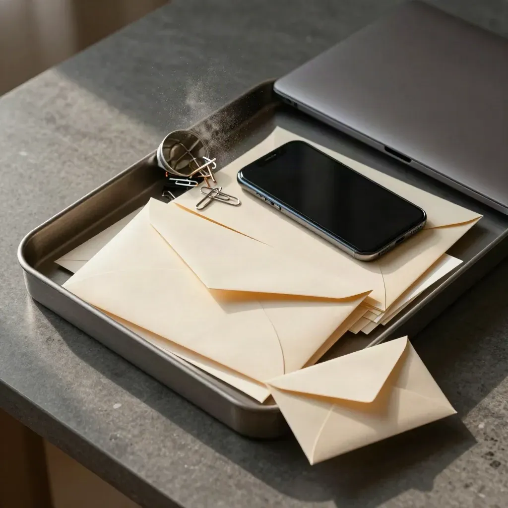 Vista dall’alto di un vassoio inbox con buste, smartphone, laptop chiuso e graffette su scrivania.