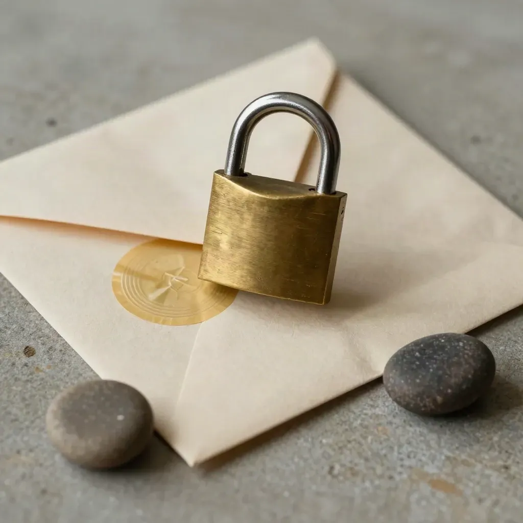 Lucchetto arrugginito, sigillo giallo, busta strappata e pietra ceramica su cemento.