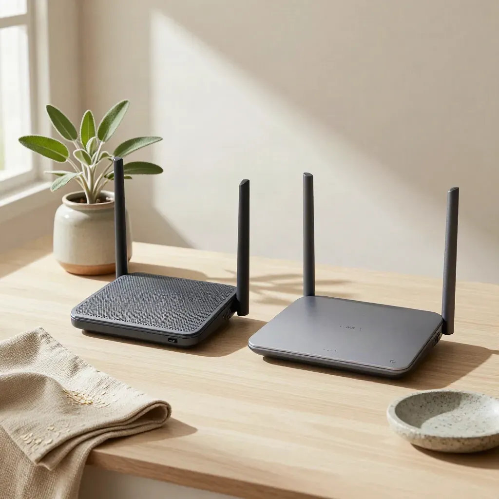 Due router compatti con panno, pianta e piattino su legno chiaro, scena comparativa.