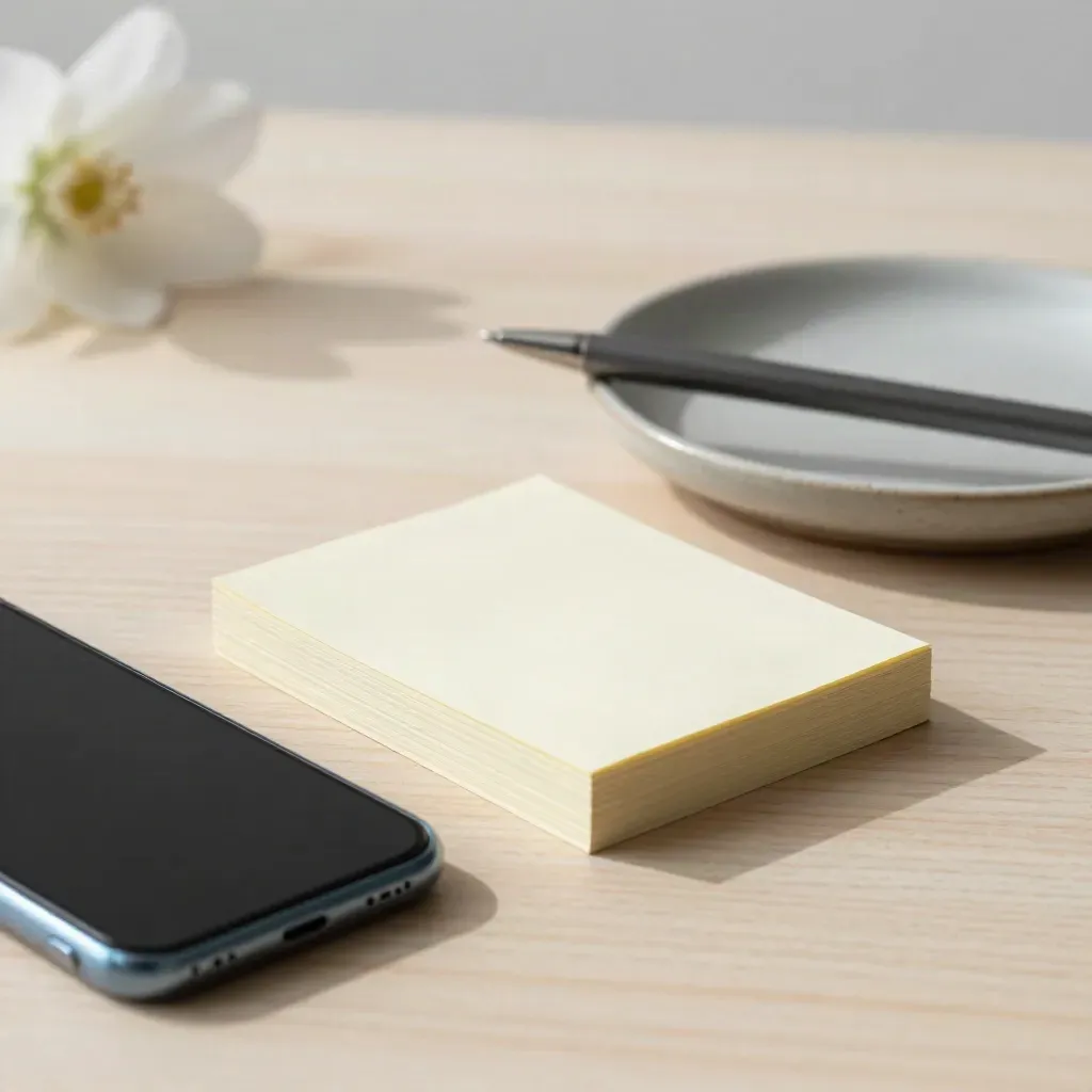 Smartphone, schede con tab, penna e vassoio su legno chiaro, luce morbida.