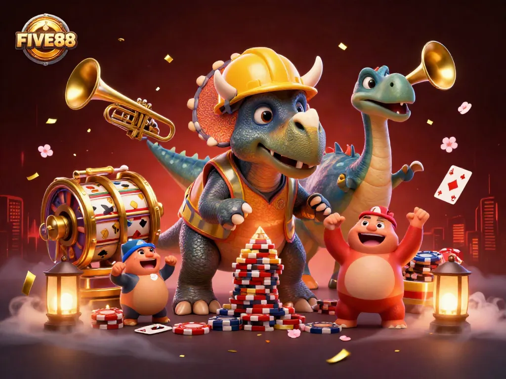 Experience the thrill of winnings with FIVE88 in this vibrant 3D casino illustration featuring dinosaurs and poker chips.