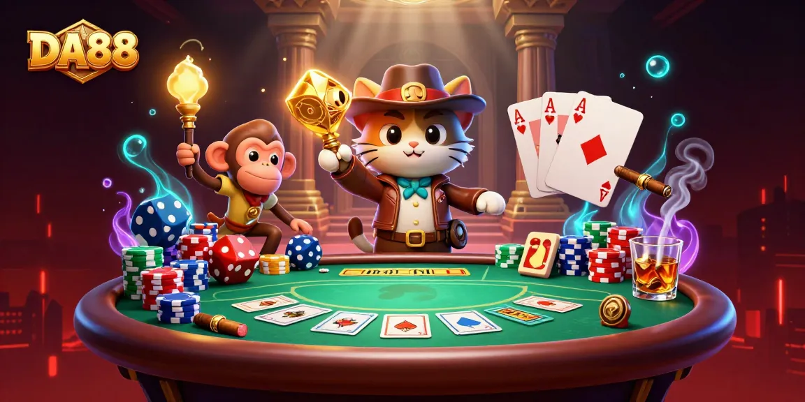 Engage with DA88's thrilling gaming adventure through a rich 3D cartoon casino scene.