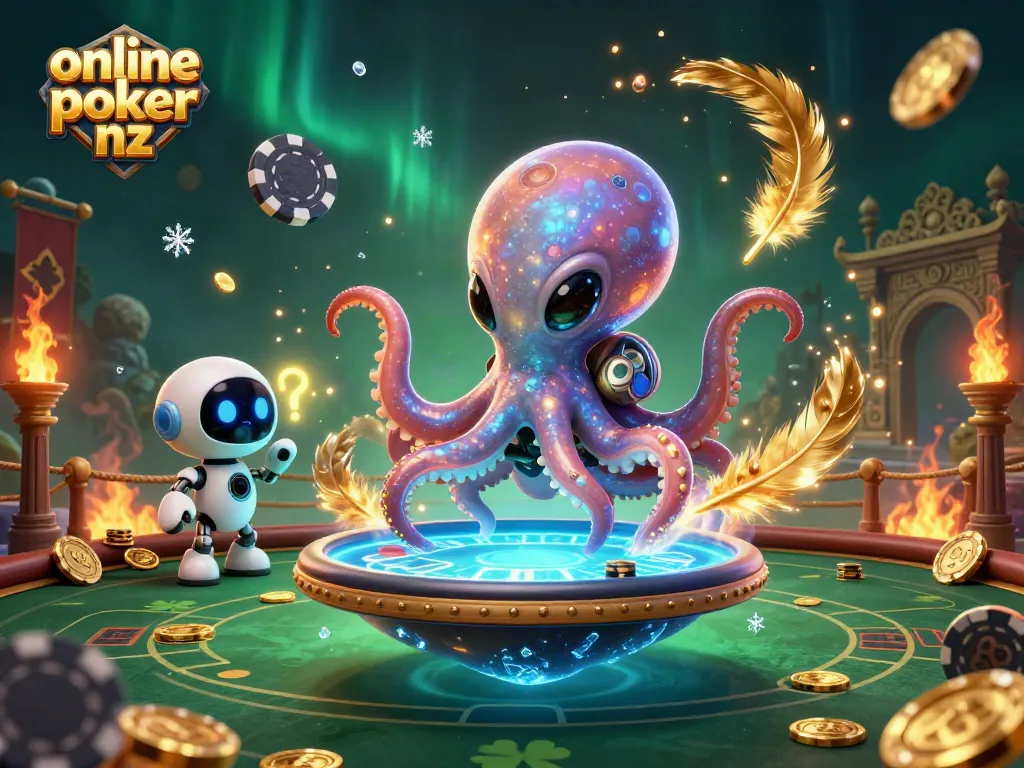 Experience exciting gameplay in online poker nz with a vibrant 3D scene featuring an alien octopus at a poker table.