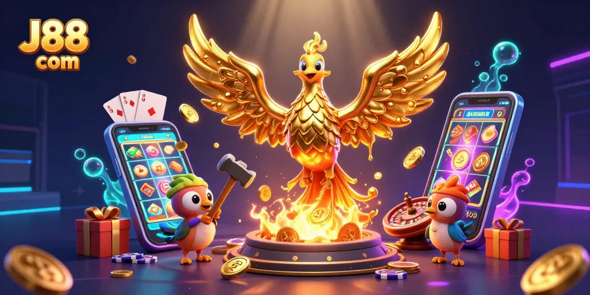 Experience excitement with J88 com's thrilling casino action featuring a golden phoenix and vibrant gaming elements.