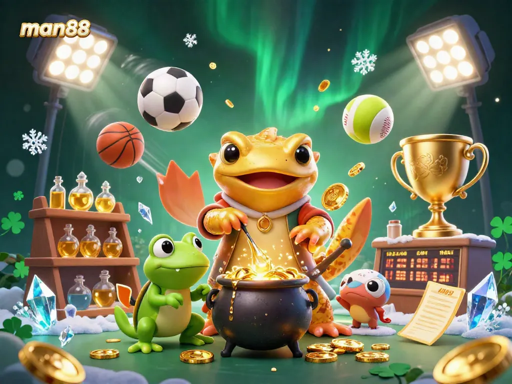 Engage in thrilling gameplay at man88 with vibrant 3D casino elements and rich gold detailing.