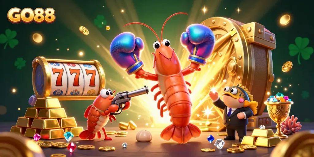 Experience GO88's exciting gaming atmosphere with vibrant characters and dynamic casino elements.